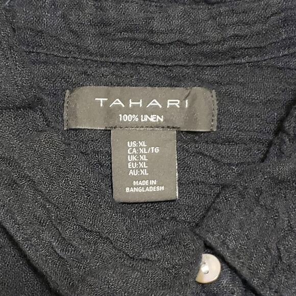 Tahari 100% Linen Crinkled Texture Black Button Up Shirt Sz XL Goth Neutral Core - Picture 6 of 11
